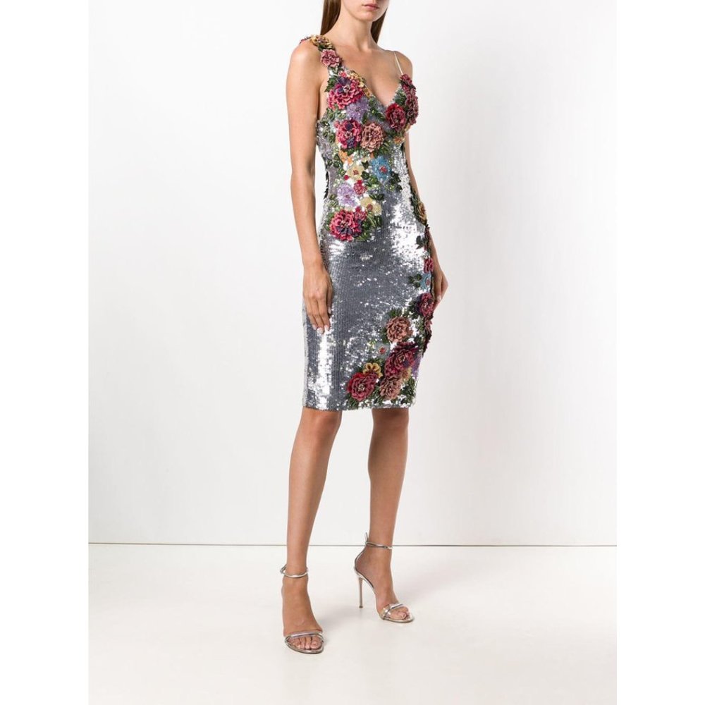 Alice + Olivia Francie Floral Embroidered Silver Sequin Bodycon Midi Dress